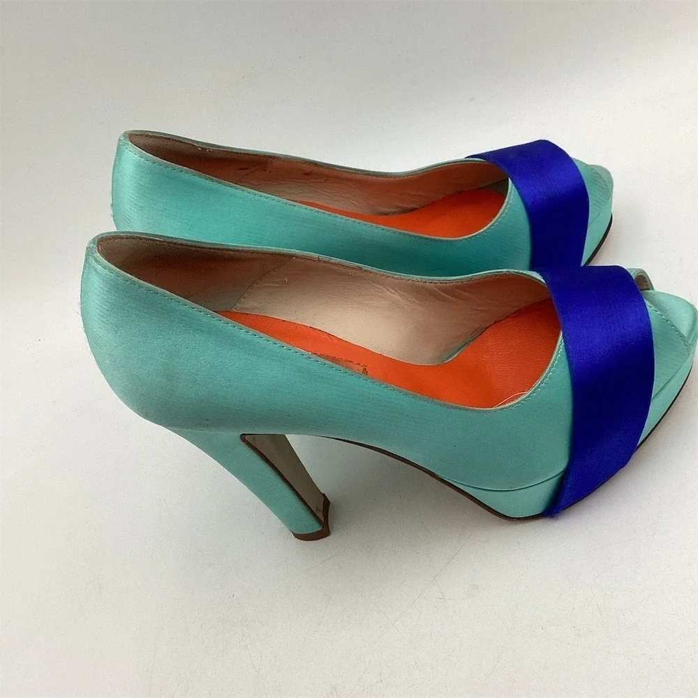 D.LACQUANIT Platform Peep Toe Pumps‎ Womens US 5 Teal Blue Colorblock Heel